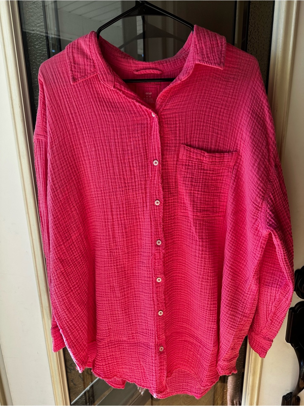 Aerie Women's Button-Front Gauze Oversized Shirt - Hot Pink